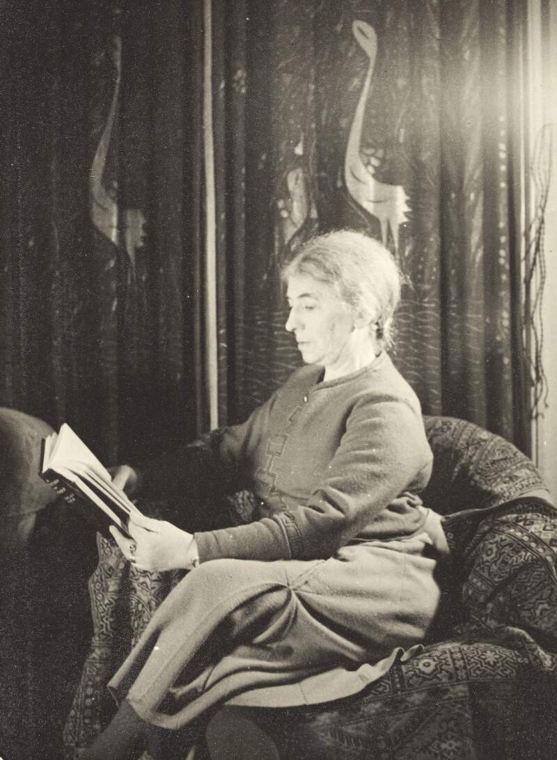 [Áine Ceannt, reading book, bird design curtains in background, three-quarter length portrait, facing left]