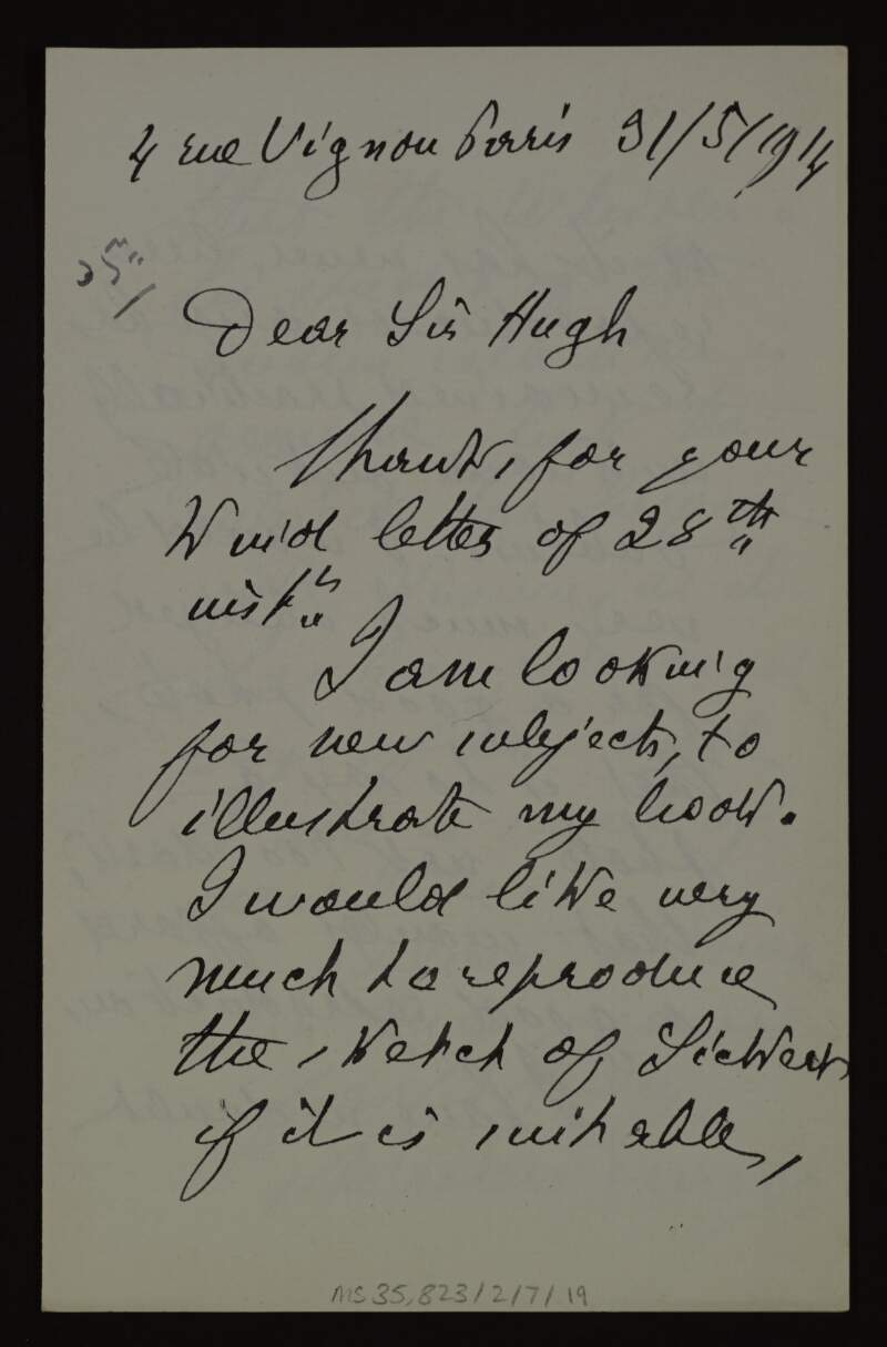Letter from Théodore Duret to Hugh Lane regarding lesser know works by Whistler to illustrate the English translation of his book and enquiring if Lane could send photographs,