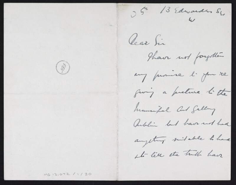 Letter from Bertram Priestman to Hugh Lane regarding Lane's request that he donate a work to the modern art gallery in Dublin,