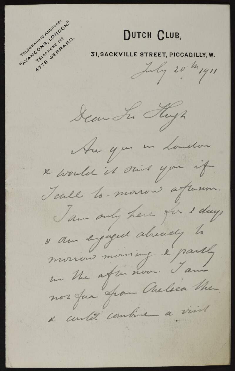 Letter from Cornelis Hofstede de Groot to Hugh Lane attempting to organise a meeting for the following afternoon,
