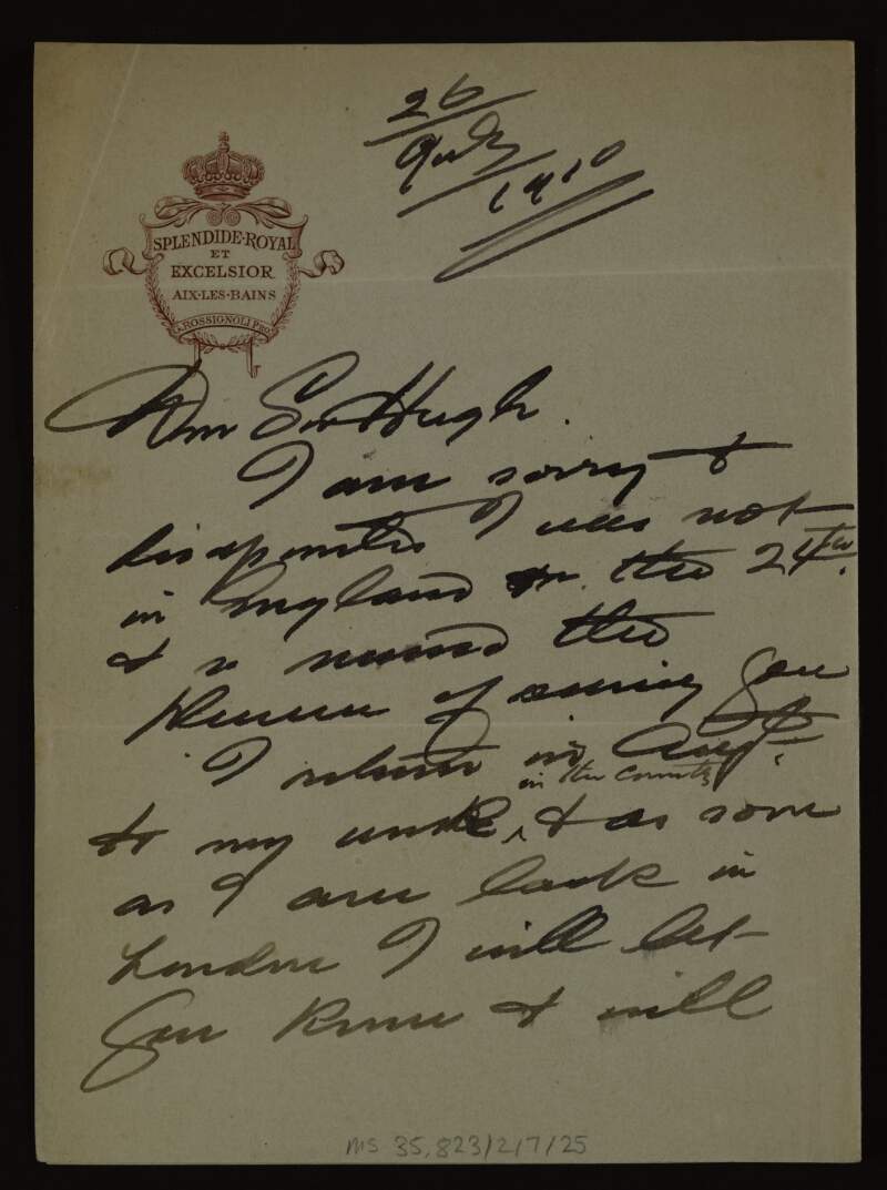 Letter from Alfred East to Hugh Lane hoping to see him when he returns to London,