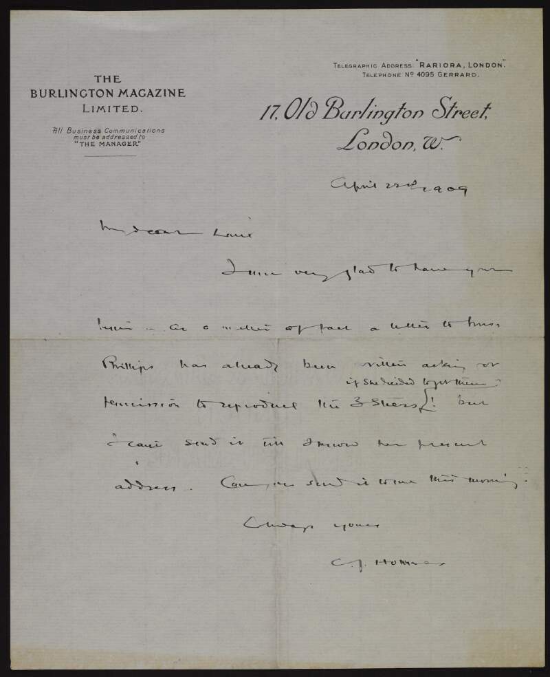 Letter from C. J. Holmes to Hugh Lane regarding the reproduction of a picture by "Phillips" and requesting an address,