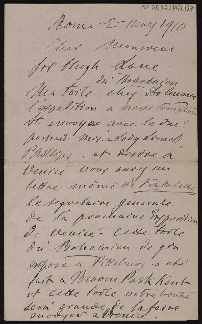 Letter from Antonio Mancini to Hugh Lane in French,