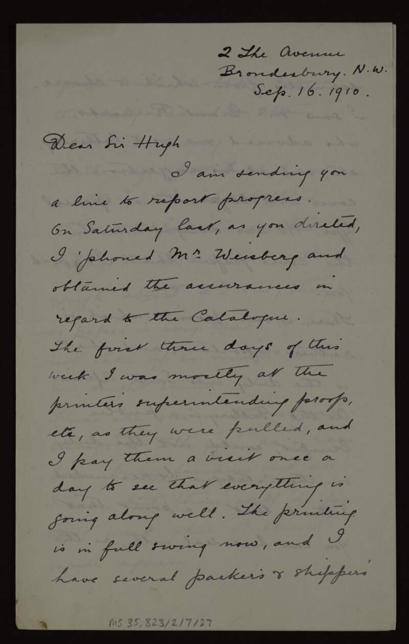 Letter from Stanley Eavestaff to Hugh Lane informing him of the progress regarding the printing of the catalogues and the cost of sending them to Johannesburg,