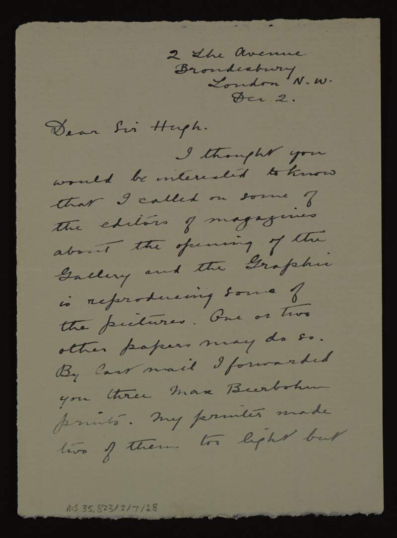Letter from Stanley Eavestaff to Hugh Lane informing him that he contacted some magazines about the opening of the gallery and that some will reproduce pictures,