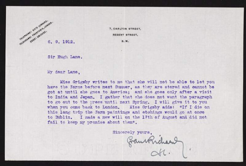 Letter from Grant Richards to Hugh Lane regarding a delay with Miss Grigsby removing pictures by Zorn from storage,