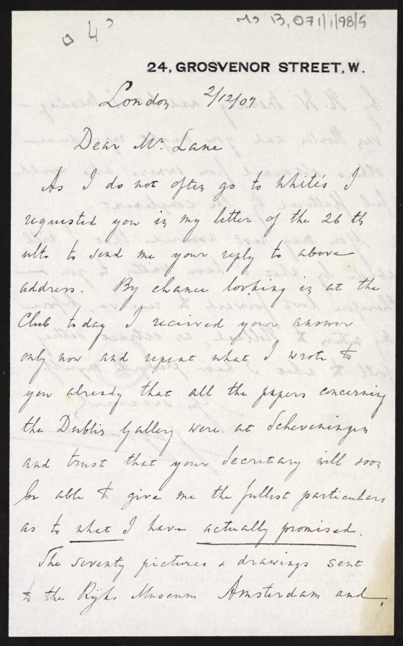 Letter from J. [Cydsucher?] to Hugh Lane regarding the exact works he has promised to loan to the Municipal Gallery and the issue of catalogue reproductions,