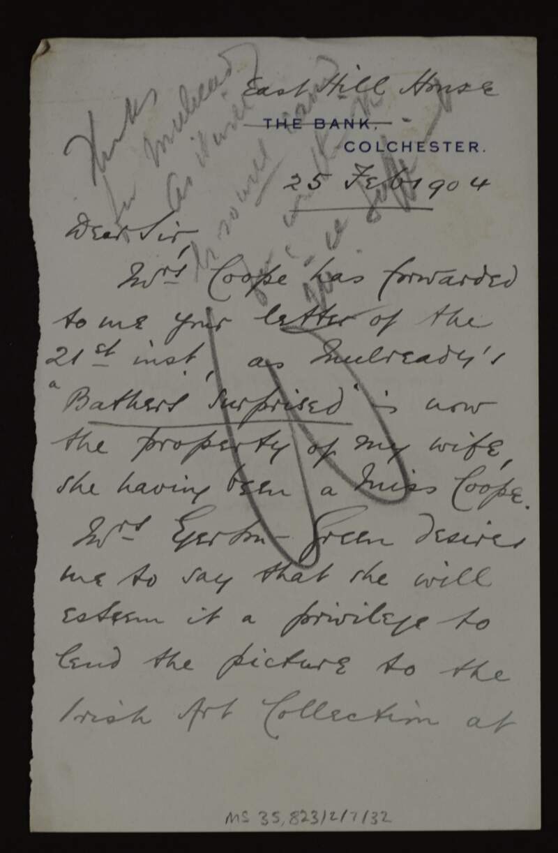 Letter from Claude E. Egerton-Green to Hugh Lane informing him that his wife Alice Helen Coope is delighted to lend her picture 'Bathers surprised' for the St Louis Exhibition,