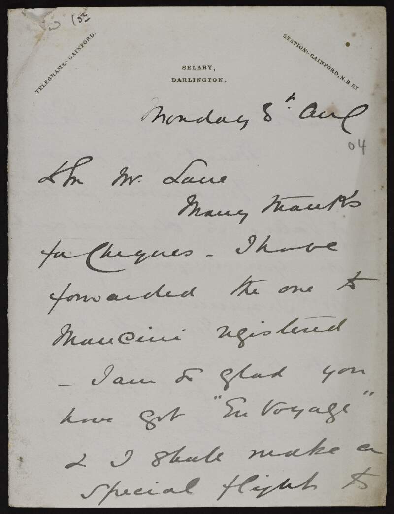 Letter from Mary Hunter to Hugh Lane thanking him for a cheque which she has forwarded to Mancini, and regarding an Annie Louisa Swynnerton painting that Lane wants to purchase,
