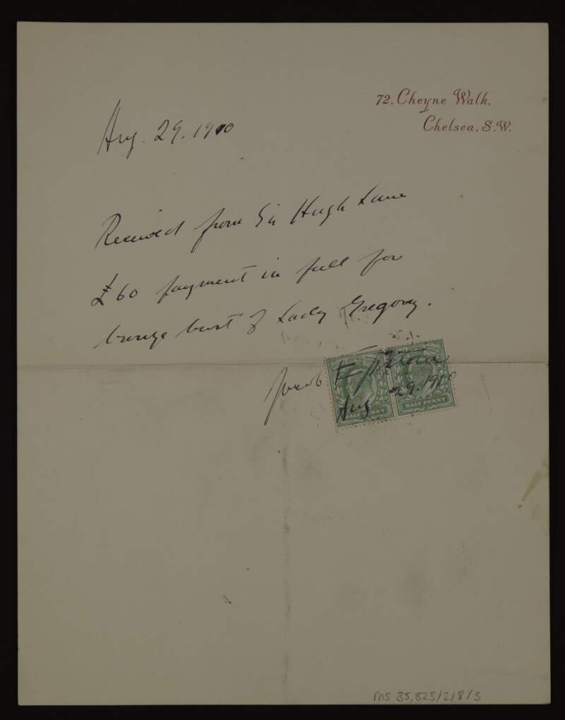 Letter from Jacob Epstein to Hugh Lane acknowledging receipt of £60 for his bust of Lady Gregory,