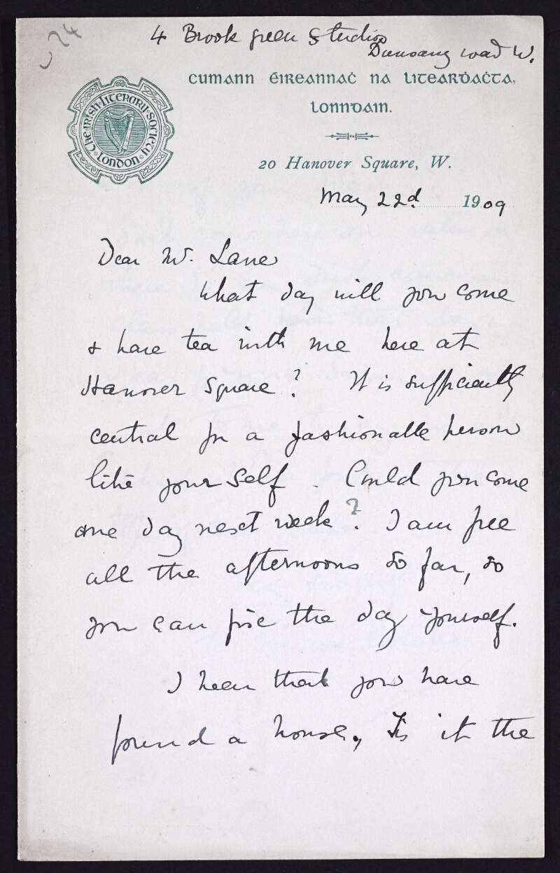 Letter from N. Murray Robertson to Hugh Lane inviting him to tea,