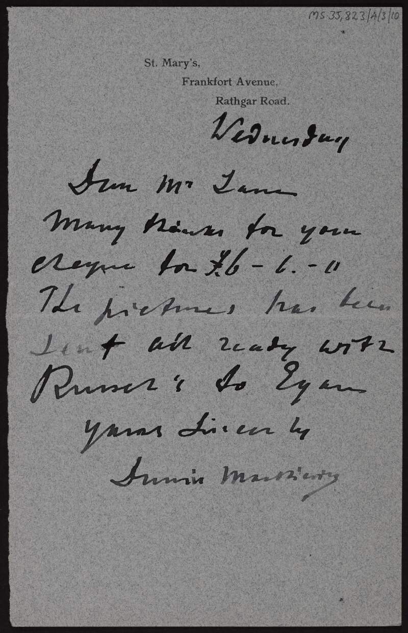 Letter from Casimir Dunin de Markievicz to Hugh Lane thanking him for a cheque and informing him that a picture has been sent,