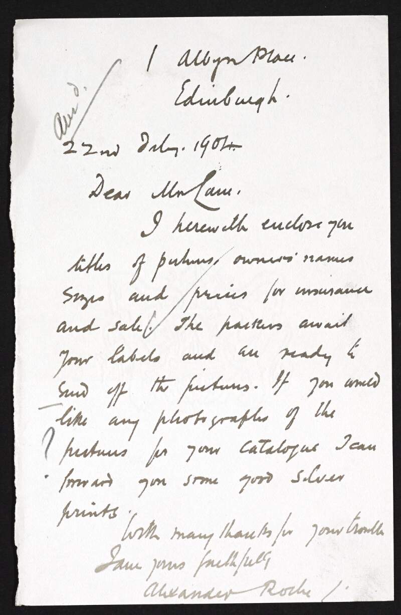Letter from Alexander Roche to Hugh Lane regarding details of the pictures being sent to Lane for an exhibition,