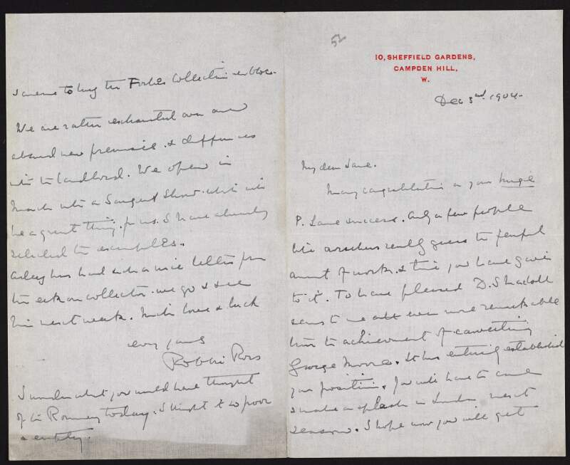 Letter from Robert Ross to Hugh Lane congratulating him on a success and regarding the purchase of pictures,