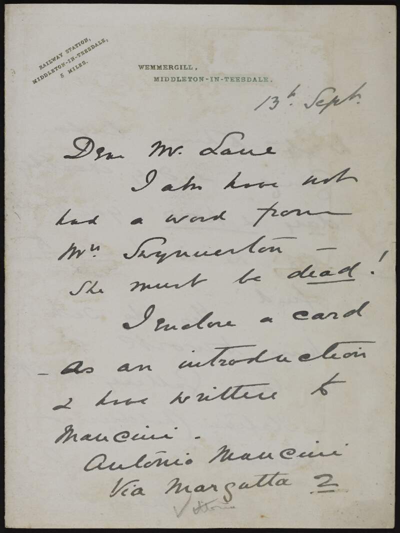 Letter from Mary Hunter to Hugh Lane providing her next address and also Mancini's address, mentioning that she has not heard back from Mrs. Swynnerton and asking him to instruct Mancini of the day and hour of his arrival,