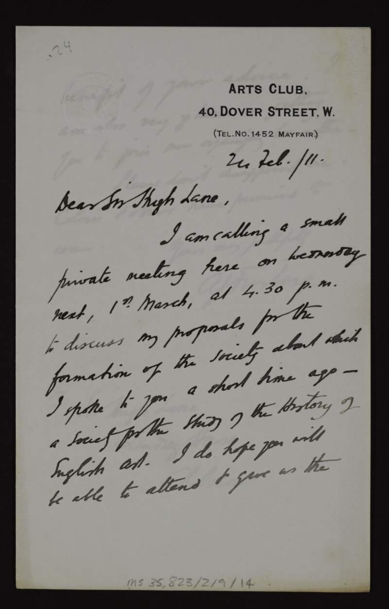 Letter from Alexander J. Finberg to Hugh Lane regarding a proposed society for the study of the history of English art and asking Lane to join the organising committee,