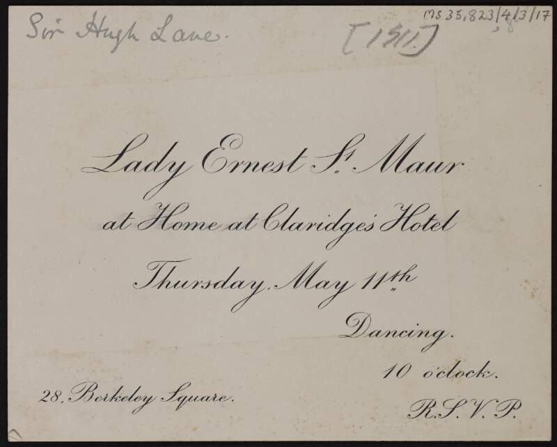 Invitation card from Lady Ernest St. Maur to Hugh Lane for dancing at Claridge's Hotel,