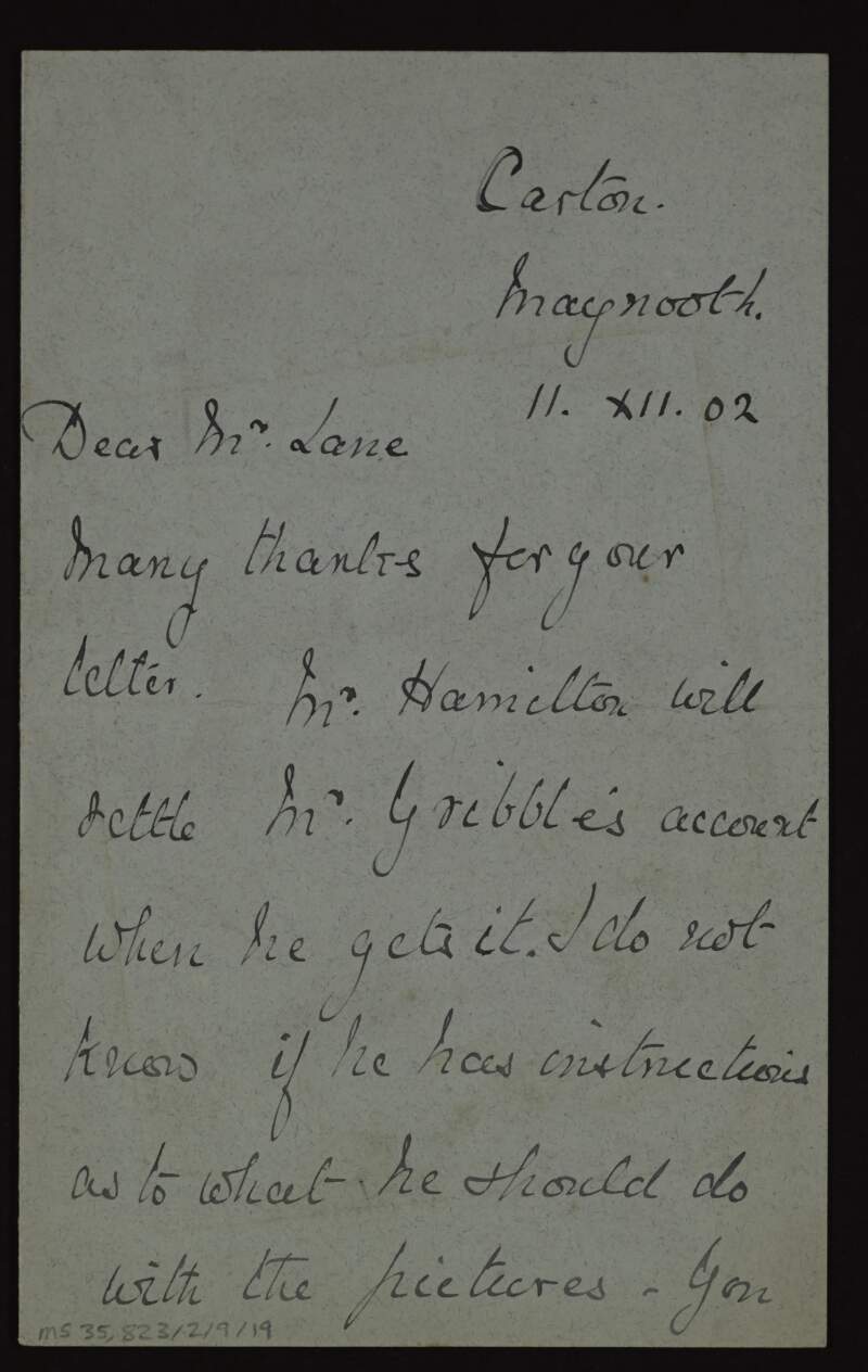 Letter from Frederick Fitzgerald to Hugh Lane regarding accounts and pictures,