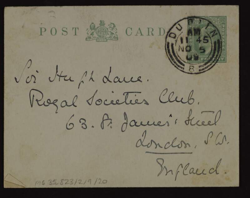 Postcard from George Fitzgerald to Hugh Lane concerning Sir William Richmond and asking Lane to communicate with him about a drawing,
