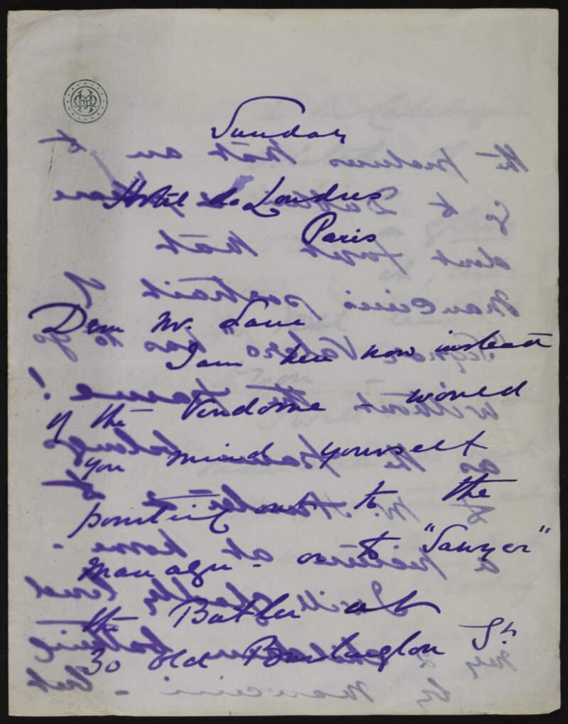 Letter from Mary Hunter to Hugh Lane requesting that he point out to her butler the pictures at her London home to go to Dublin and asking him to remind them to remove the frame from Mancini's "Signor Valero",
