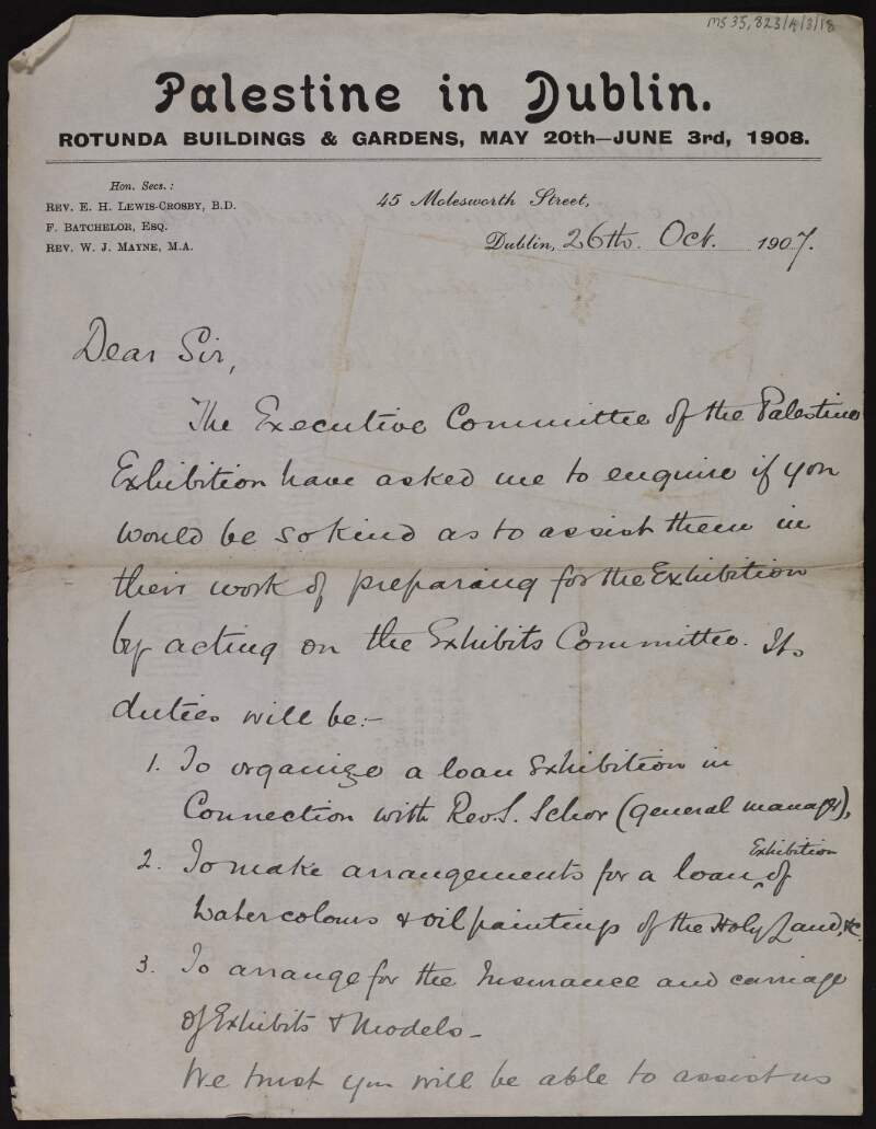 Letter from William J. Mayne to Hugh Lane asking for his assistance in preparing the Palestine Exhibition,