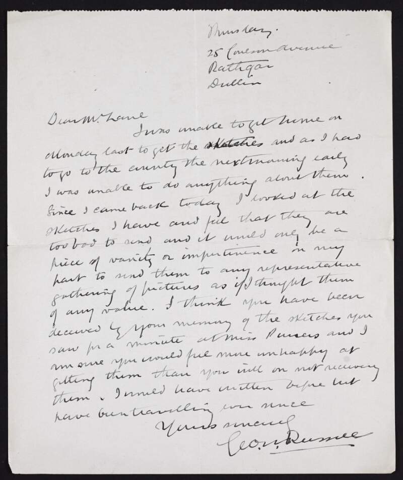 Letter from George Russell [AE] to Hugh Lane regarding his donation of some sketches to the new modern art gallery,