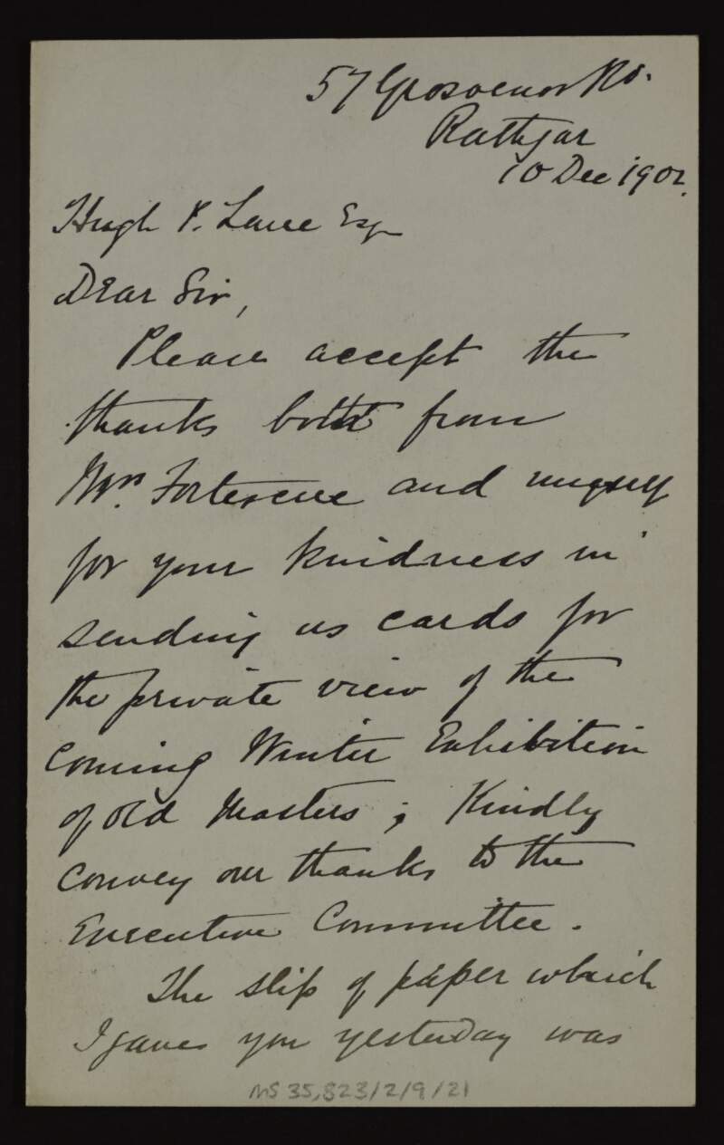 Letter from Matthew Fortescue to Hugh Lane thanking him for the invitation cards he sent to see the winter exhibition of Old Masters and mentioning a Gainsborough,