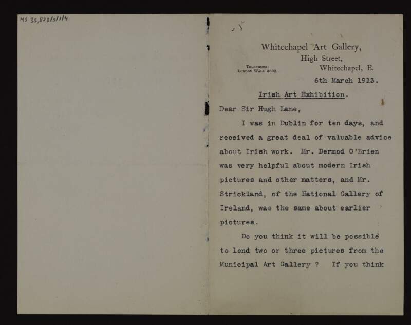 Letter from Gilbert Anderson Ramsay to Hugh Lane about his time in Dublin where he received valuable advice on Irish art from Dermod O'Brien and Walter Strickland, and asking for two or three pictures from the Municipal Gallery of Modern Art,