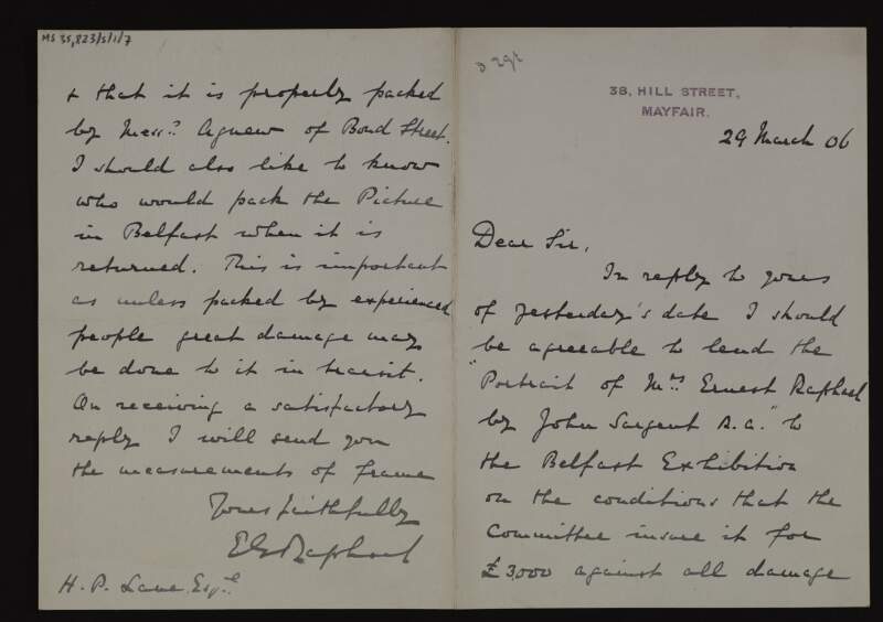 Letter from Ernest G. Raphael to Hugh Lane, agreeing to lend him his portrait of Mrs. Ernest G. Raphael by John Sargent for the Belfast exhibition on the condition that it be insured for £3,000 against all damages,