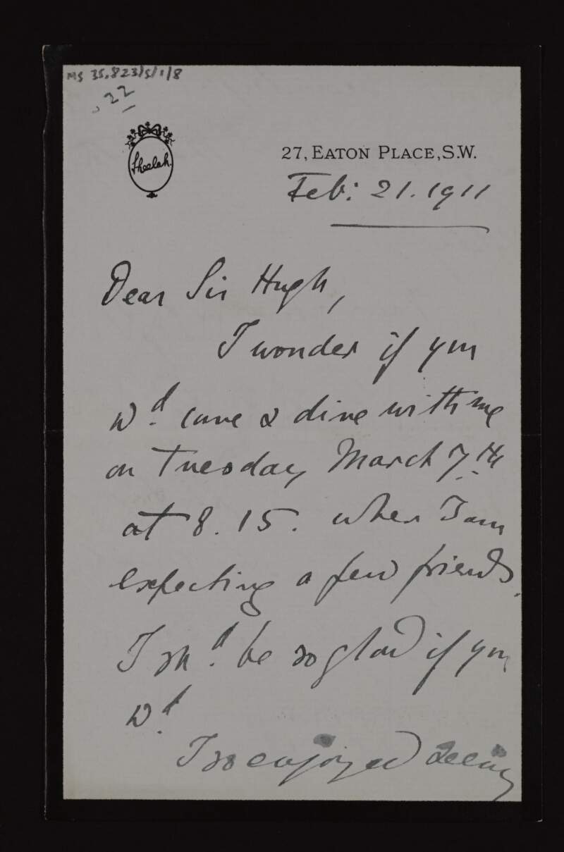 Letter from Sheelah Reade to Hugh Lane, inviting him to dinner on 7th March, and asking his advice about a frame for a picture of her son by "Mr Nicholson",