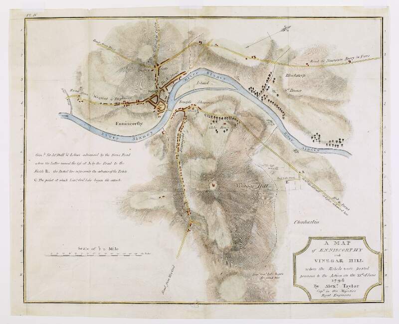 A map of Enniscorthy and Vinegar Hill, where the rebels were posted previous to the action on the 21st of June 1798, by Alexander Taylor, Captain in His Majesties Royal Engineers,