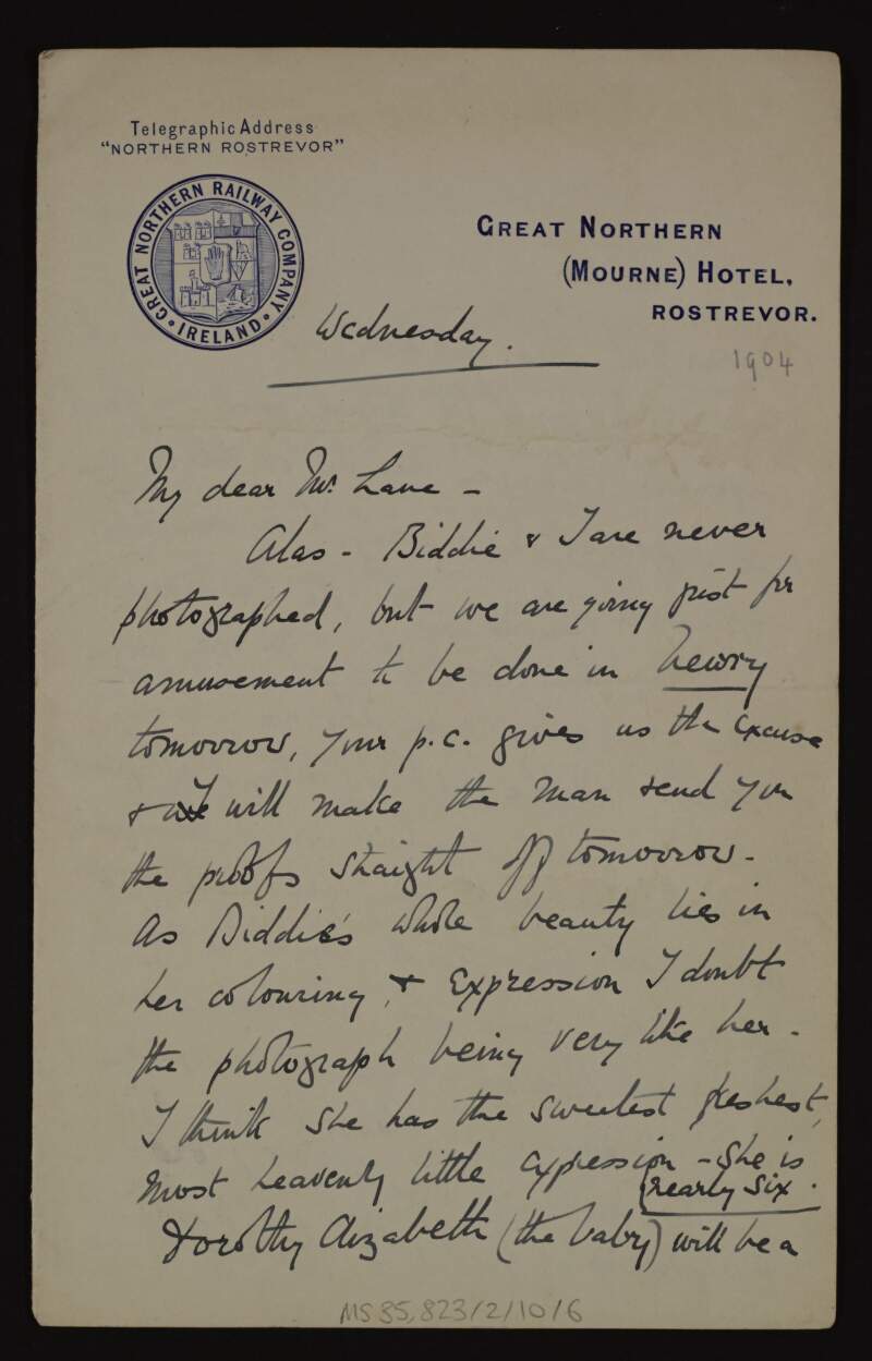 Letter from Charlotte Philippa Marion, Lady Foster, to Hugh Lane describing her family, who are going to Newry to be photographed, and regarding the articles she is writing about the pictures,