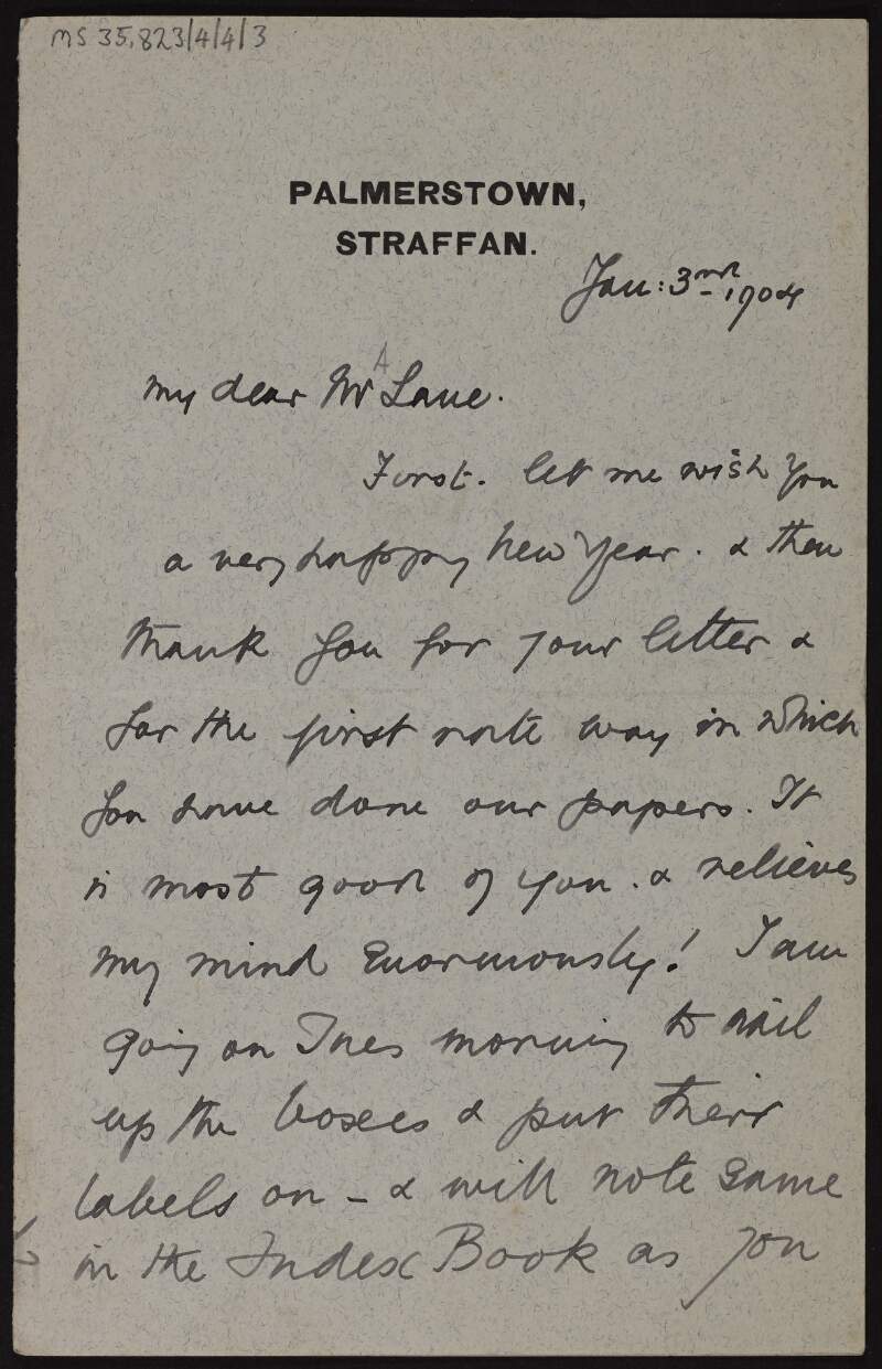 Letter from Geraldine, Countess of Mayo, to Hugh Lane wishing him a happy new year,