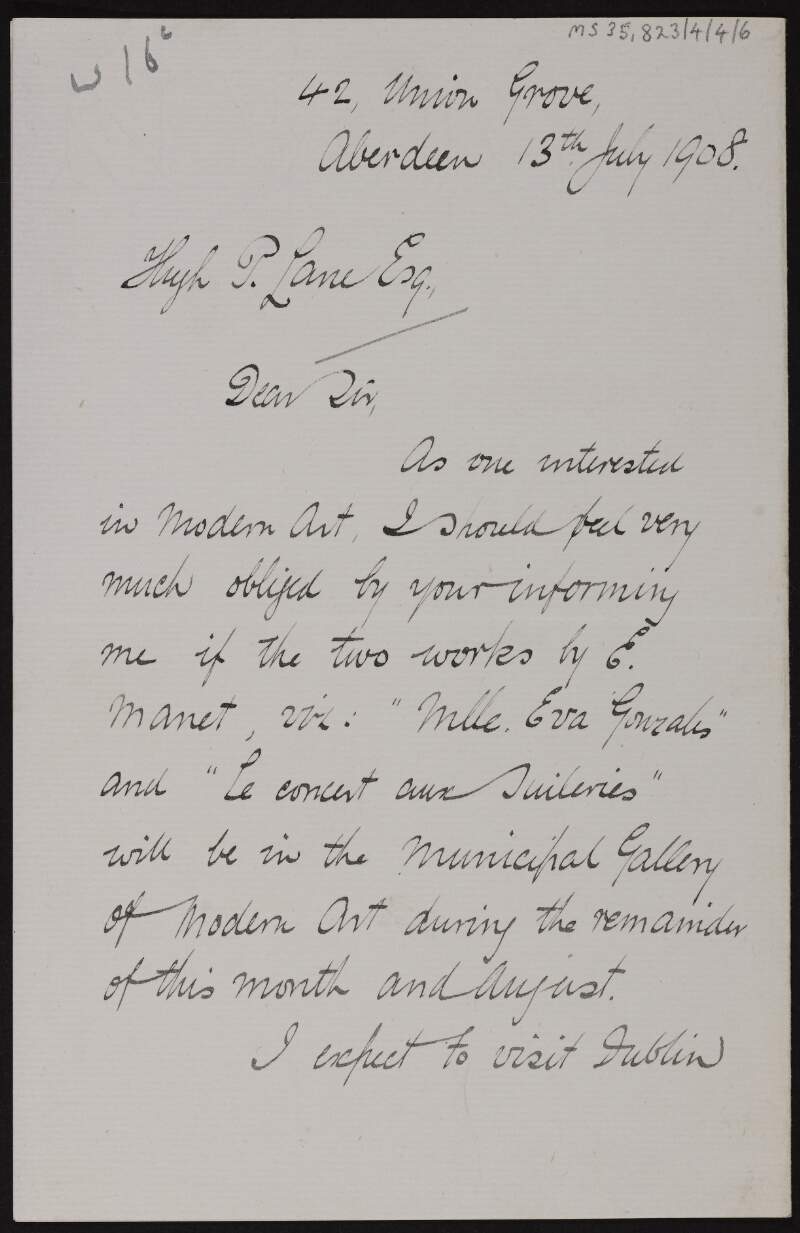 Letter from James McBey to Hugh Lane asking if two works by Édouard Manet will be on display when he visits,