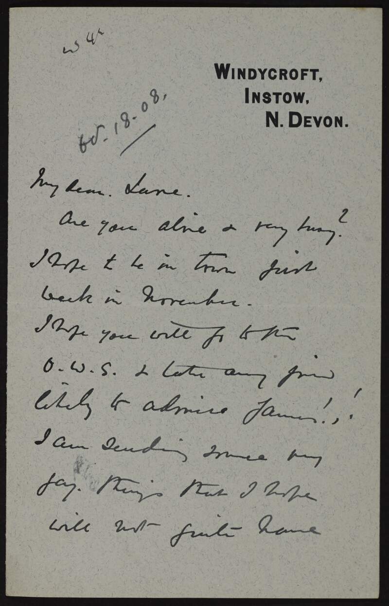 Letter from Francis Edward James to Hugh Lane informing him that he will be in town in November, discussing his work and possible upcoming exhibition, and also complimenting Lane on his show in Dublin,