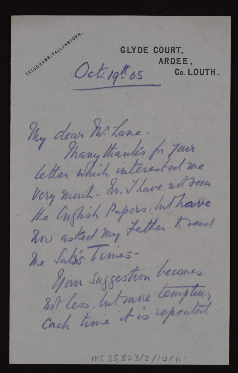 Letter from Charlotte Philippa Marion, Lady Foster, to Hugh Lane regarding Orpen and the suggestion of a group painting, and her husband's health,