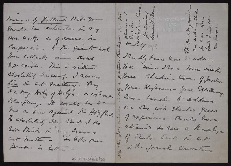 Letter from Francis Edward James to Hugh Lane expressing pleasure at seeing him and the beautiful works of art that he has collected, referring to the collection as "Aladdins Cave",