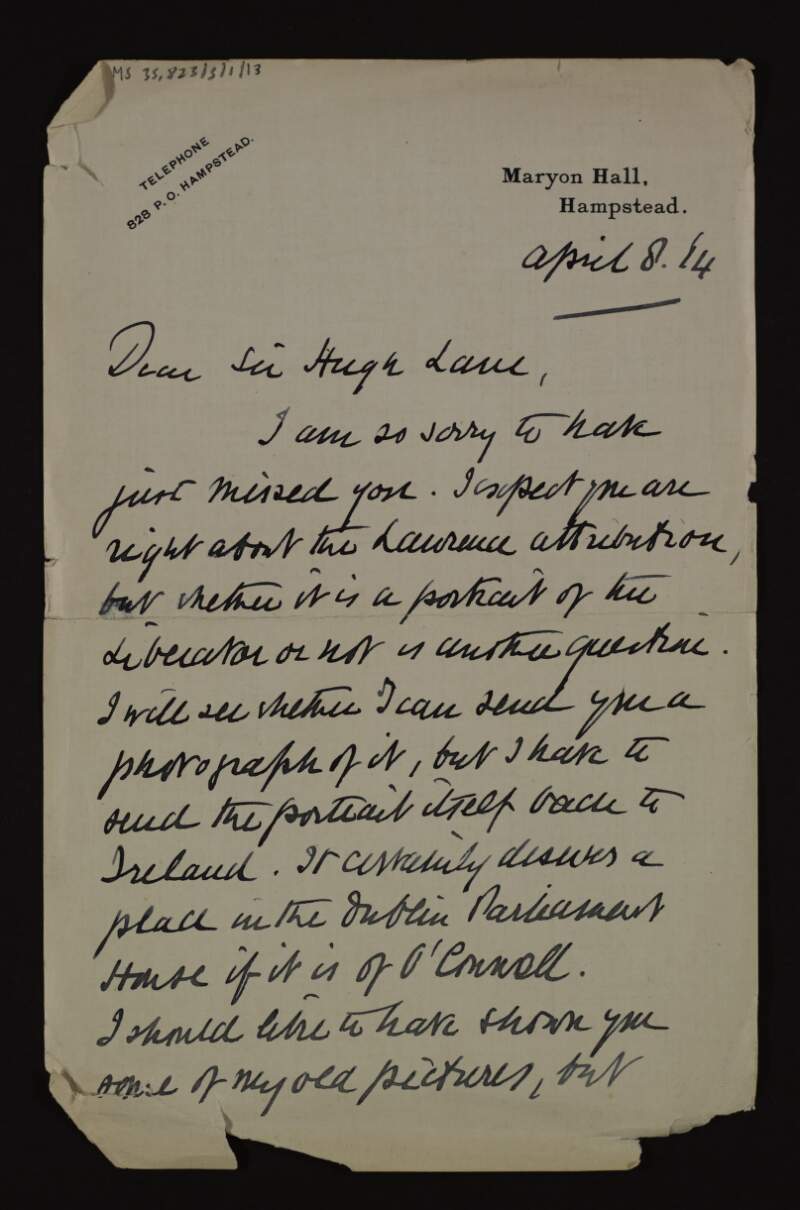 Letter from Charles à Court Repington to Hugh Lane about how sorry he is to have missed him and how he would have liked to have shown him some of his old pictures,