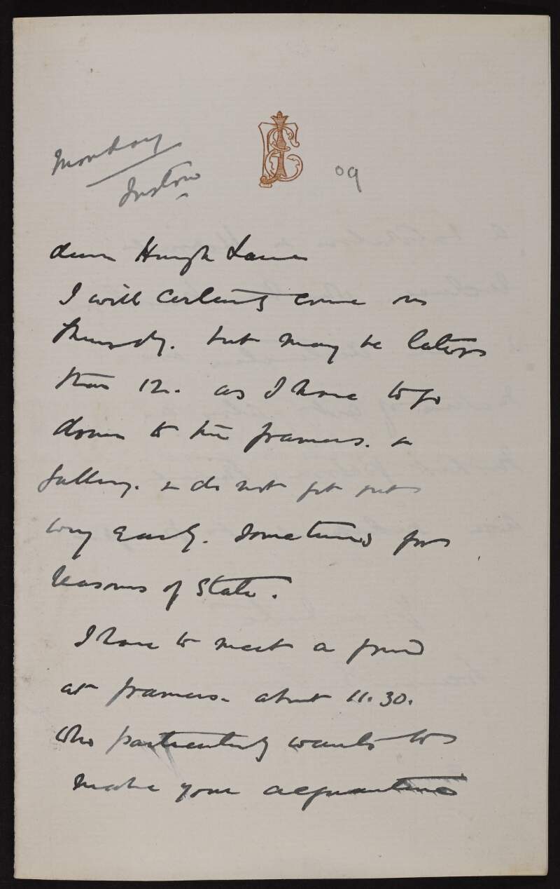 Letter from Francis Edward James to Hugh Lane arranging to meet and informing him he is meeting a friend who particularly wants to meet Lane,