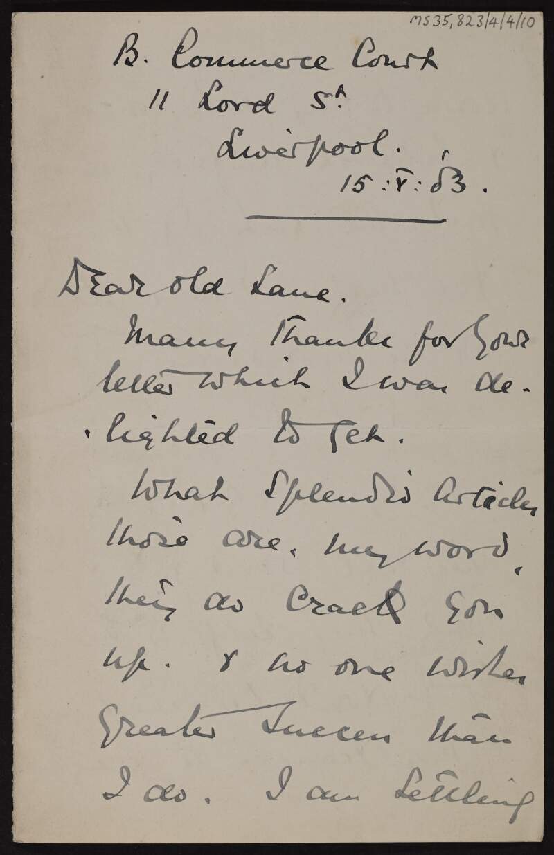 Letter from T. Eaton McCormick to Hugh Lane,
