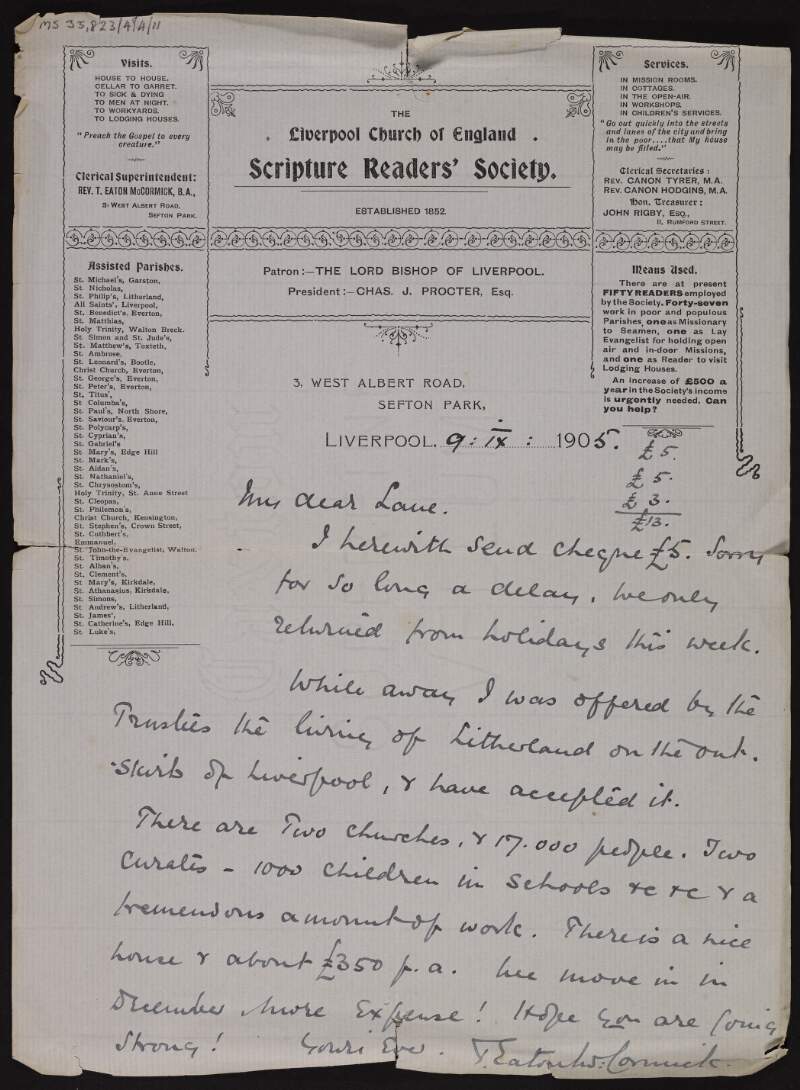 Letter from T. Eaton McCormick to Hugh Lane in which he encloses a cheque of £5,