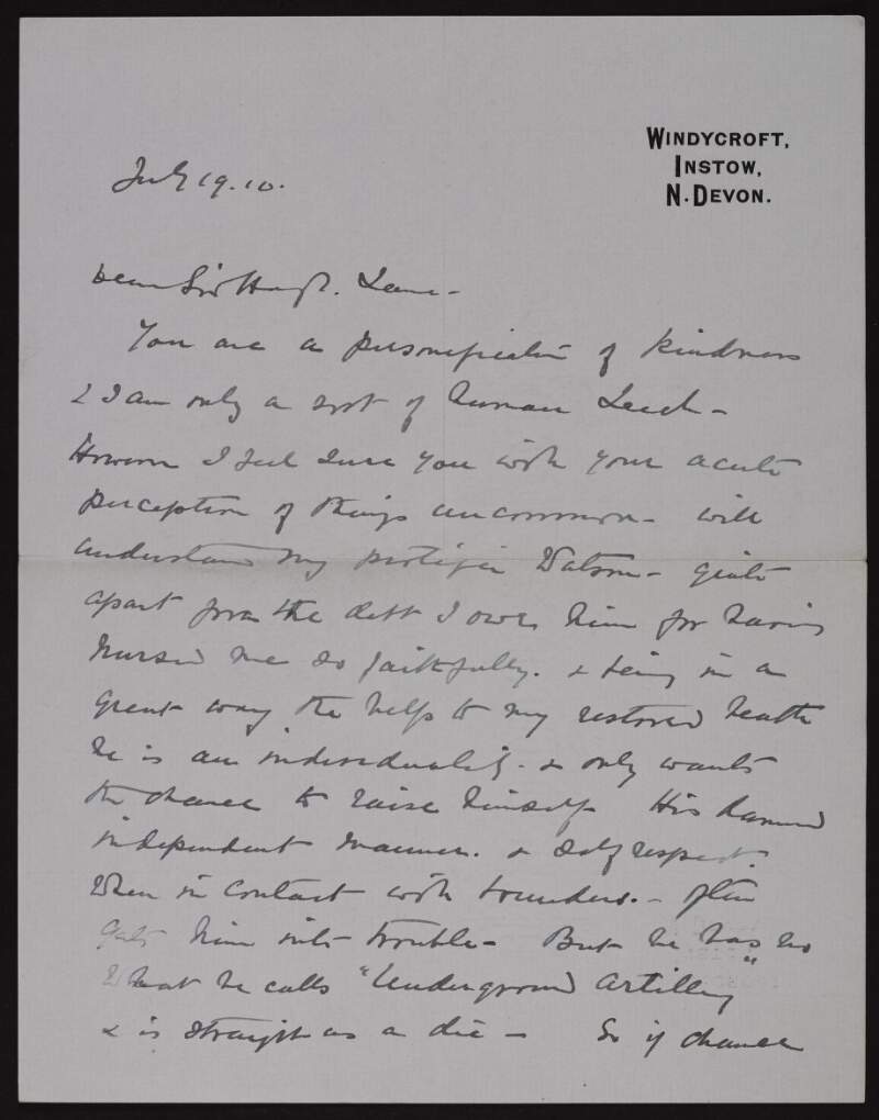 Letter from Francis Edward James to Hugh Lane informing him he is the "personification of kindness", speaking of his restored health and discussing a person who is "straight as a die",
