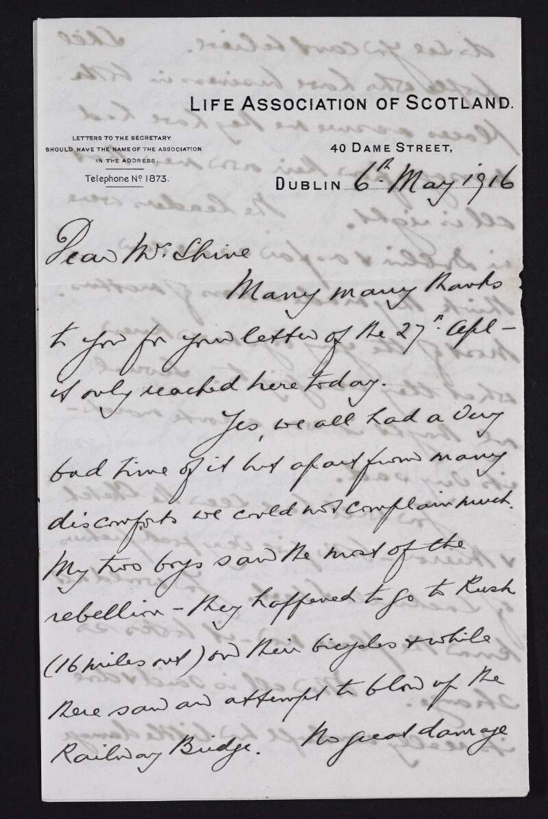 Letter from J. Sanderson to Ruth Shine describing his experience of the Easter Rising,