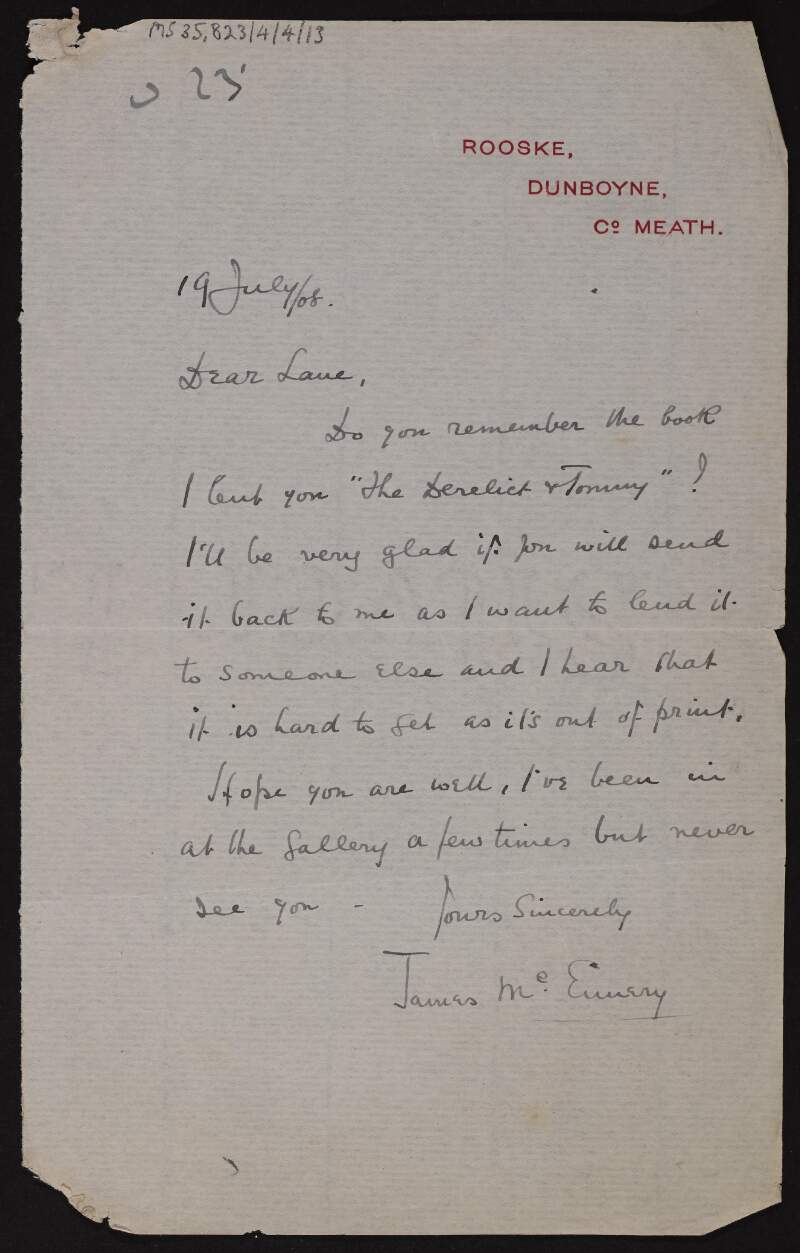 Letter from James McEnnery to Hugh Lane asking for his book back as he wants to lend it to someone else,