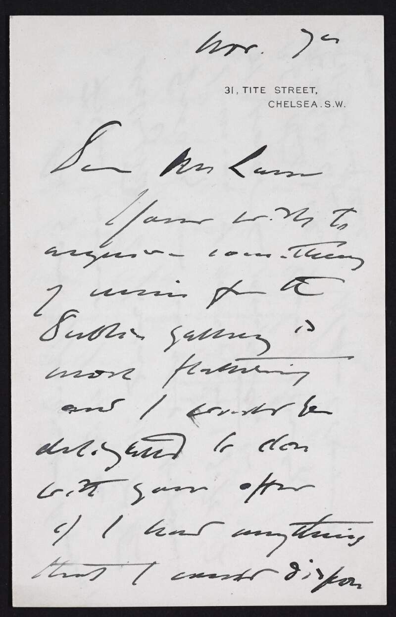 Letter from John Singer Sargent to Hugh Lane regarding his commission to paint something for the modern art gallery in Dublin,