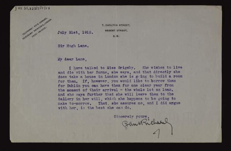 Letter from Elinor Grant Richards to Hugh Lane about his negotiations with "Miss Grigsby" for her Anders Zorn pictures which will result in Lane borrowing them for a year and for her to leave them to the Municipal Gallery of Modern Art in her will,