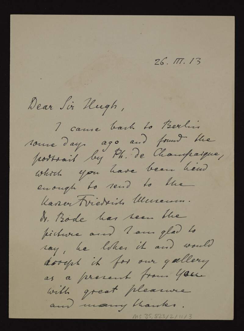 Letter from Max J. Friedländer to Hugh Lane thanking him for the picture by De Champaigne that he sent to the Kaiser Friedrich Museum,