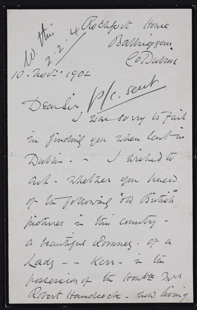 Letter from Rowland Screvin to Hugh Lane providing details of "old British" pictures in Irish houses,