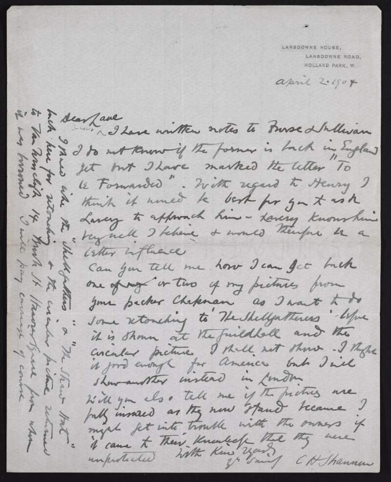 Letter from C.H. Shannon to Hugh Lane asking for the return of pictures so that he can retouch them before exhibition,