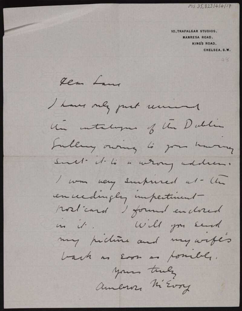 Letter from Ambrose McEvoy to Hugh Lane expressing surprise at the impertinent postcard he received,